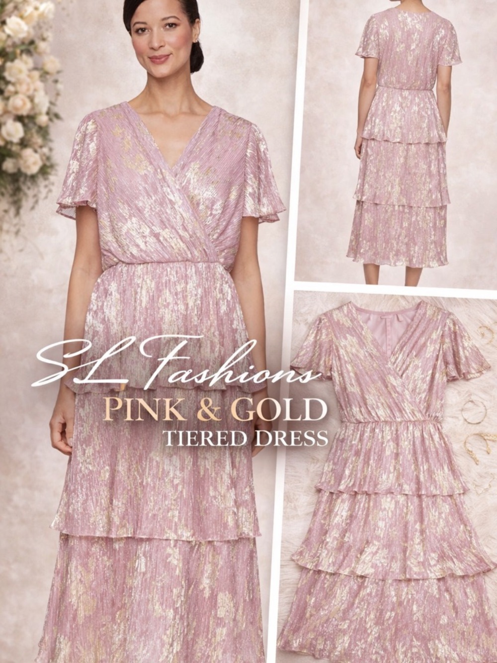 SL Fashions Pink Gold Foil Tiered Tea Length Dress Size 12 NWT